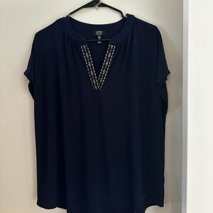 Jones New York Navy Blouse with Gold Trim